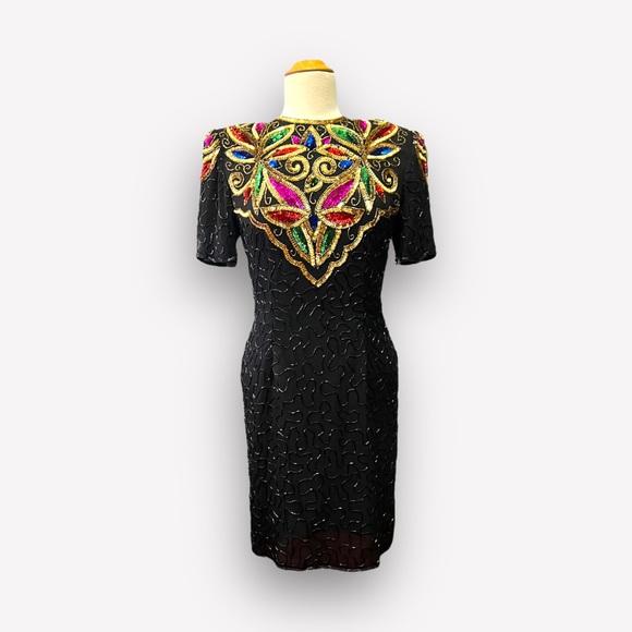 VINTAGE STENAY 1990s SILK AND SEQUIN BEADED BLACK COCKTAIL DRESS SIZE ME… - Picture 4 of 14